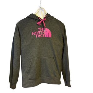 The North Face Women’s Large Gray Hoodie Pullover Sweatshirt Pink Logo Casual